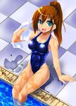  brown_hair competition_swimsuit fiesta_(fiesta303) green_eyes highleg highleg_swimsuit highres legs long_hair one-piece_swimsuit original ponytail poolside sitting solo swimsuit thighs wet 