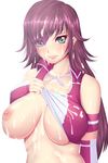  akana_rui breasts brown_hair chousoku_henkei_gyrozetter covered_nipples cum cum_on_body cum_on_clothes cum_on_hair harihisa highres large_breasts lips long_hair nipples no_bra one_breast_out race_queen shirt_lift simple_background skindentation solo suggestive_fluid upper_body white_background 