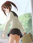  bag brown_eyes brown_hair hanawa_kaoru haruyama_kazunori looking_at_viewer panties ponytail school_bag school_briefcase school_uniform serafuku short_hair skirt smile solo tamayura underwear 