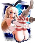  :o ass black_panties blonde_hair blush boots crop_top crop_top_overhang elbow_gloves gloves grey_footwear hairband highleg kantai_collection legs_up long_hair looking_at_viewer midriff panties purple_eyes shimakaze_(kantai_collection) sis skindentation skirt solo star striped striped_legwear thighhighs underwear 