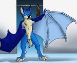  anthro balls bat blue_fur blue_hair chest_tuft claws clothing digitigrade fangs fur hair male mammal nude penis realistic_wings sheath slasher_(kjbat) solo standing toe_claws torn_clothing tuft wings 