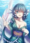  bare_shoulders blue_eyes blue_hair breasts cheungchz cleavage collarbone dolphin fang fish floral_print head_fins heart japanese_clothes kimono large_breasts long_sleeves looking_at_viewer mermaid monster_girl obi off_shoulder one_eye_closed open_mouth sash smile solo touhou underwater wakasagihime wet wet_clothes wide_sleeves 