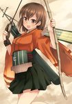  archery arrow blush bow_(weapon) brown_eyes brown_hair gloves hiryuu_(kantai_collection) japanese_clothes kantai_collection kouno_hikaru kyuudou looking_at_viewer partly_fingerless_gloves pleated_skirt quiver short_hair single_glove skirt smile solo weapon wide_sleeves yugake 