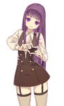  bangs black_hair blunt_bangs cowboy_shot dress garter_straps heart heart_hands inu_x_boku_ss long_hair looking_at_viewer purple_eyes shirakiin_ririchiyo simple_background smile solo standing thighhighs velzhe white_background 