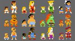  1girl 6+boys balrog blanka capcom chun-li dhalsim edmond_honda guile ken_masters m_bison mario_(series) multiple_boys pixel_art ryuu_(street_fighter) sagat simple_background street_fighter super_mario_bros. vega zangief 