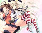  ;d antenna_hair black_legwear black_panties blonde_hair blush boots brown_eyes brown_hair collaboration double_bun elbow_gloves eretto gloves green_eyes grey_footwear hair_ornament hairband highleg kantai_collection long_hair looking_at_viewer multiple_girls naka_(kantai_collection) natsume_eri navel one_eye_closed open_mouth panties rensouhou-chan shimakaze_(kantai_collection) skirt smile striped striped_legwear thighhighs underwear v white_gloves 