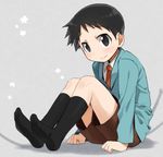  1boy agemono black_hair blush brown_eyes child feet fullmetal_alchemist male male_focus necktie no_shoes selim_bradley shorts sitting smile socks solo sweater 