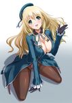  :d atago_(kantai_collection) black_legwear blonde_hair blue_eyes breasts chaki-yam cleavage colorized crotch_seam hat kantai_collection large_breasts long_hair long_sleeves open_mouth panties panties_under_pantyhose pantyhose sitting sketch skirt smile solo thighband_pantyhose underwear wariza white_panties 