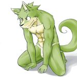  fundoshi fur green_fur kemono male mammal red_eyes simple_background solo topless underwear 