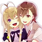  ;d antenna_hair bad_id bad_pixiv_id blonde_hair brown_eyes brown_hair candy cheek-to-cheek dress febrie food hug lollipop long_hair misaka_mikoto multiple_girls noda_(yncoon) one_eye_closed open_mouth purple_eyes school_uniform short_hair smile to_aru_kagaku_no_railgun to_aru_majutsu_no_index 