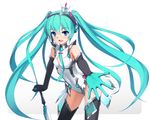  aqua_eyes aqua_hair boots closed_umbrella cowboy_shot elbow_gloves gloves goodsmile_racing hatsune_miku headset leotard long_hair necktie open_mouth planted_umbrella race_queen racing_miku racing_miku_(2013) shimamura_(nenenoid) solo thigh_boots thighhighs twintails umbrella very_long_hair vocaloid white_background 