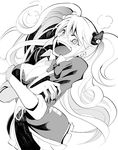  bear_hair_ornament breasts cleavage crazy_smile crossed_arms danganronpa danganronpa_1 enoshima_junko greyscale hair_ornament large_breasts monochrome necktie open_mouth rihitoman skirt sleeves_rolled_up smile spoilers twintails 