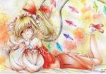  blonde_hair blush colored_pencil_(medium) flandre_scarlet hat hat_ribbon legs_up licking_lips looking_at_viewer lying marker_(medium) midriff mob_cap mosho on_stomach pillow pillow_hug puffy_sleeves red_eyes red_footwear ribbon shirt shoes short_sleeves side_ponytail signature skirt skirt_set solo tongue tongue_out touhou traditional_media vest wings wrist_cuffs 
