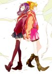  back-to-back blonde_hair boots closed_eyes fresh_precure! higashi_setsuna momozono_love multiple_girls precure purple_hair smile standing thighhighs tima zettai_ryouiki 