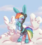  animal_ears blush clothing cloud clouds costume equine female feral friendship_is_magic fur hair hoodie horse lagomorph long_hair looking_at_viewer mammal multi-colored_hair my_little_pony open_mouth outside paws pegasus pony purple_eyes rabbit rabbit_ears rainbow_dash_(mlp) rainbow_hair sky smile solo standing tongue wings 