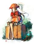  bicorne boots brown_hair buckle capelet cat cat_on_lap collar feathers green_eyes handle hat hat_feather ivy kiryuu_tsukasa_(citrocube) long_hair luggage moss original rolling_suitcase sidelocks signature sitting sitting_on_object sleeves_past_wrists strap thigh_boots thighhighs traveler_(citrocube) tree tree_stump very_long_hair watermark web_address white_footwear 