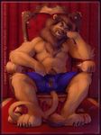  biceps blue_eyes brown_fur brown_hair bulge claws clothed clothing dasaod feline fur hair half-dressed lion looking_at_viewer male mammal mane muscles pecs pose pubes shorts sitting solo throne toe_claws topless wolfblade 