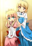  :d alice_cartelet alternate_hair_color aqua_eyes blonde_hair bow brush crown dress elbow_gloves gloves gown hair_brush hair_brushing hands_on_lap hota kin-iro_mosaic long_hair multiple_girls oomiya_shinobu open_mouth orange_eyes princess sitting smile standing tiara 