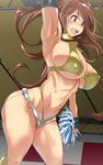 arm_up armpits boots breasts brown_eyes brown_hair checkered checkered_floor covered_nipples hairband highleg highleg_panties highres huge_breasts knee_boots kunifuto long_hair open_mouth original panties pom_poms smile solo thong underwear 