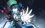  arm_cannon backpack bad_id bad_pixiv_id bag blue_eyes blue_hair cyberpunk facial_mark glowing glowing_eyes glowing_weapon hair_bobbles hair_ornament hat kawashiro_nitori mechanical_arm outstretched_arm rikkido shirt sketch skirt skirt_set solo sparks touhou two_side_up wallpaper weapon 