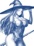  bare_shoulders breasts cleavage detached_sleeves dragon's_crown hat katagiri_(a1466502) large_breasts long_hair monochrome side_slit solo sorceress_(dragon's_crown) staff witch_hat 