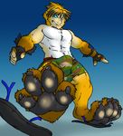  aggrobadger anthro biceps bulge canine chest_tuft claws clothing flip_flops fox fur hair human male mammal muscles pecs pose shorts solo standing toe_claws topless torn_clothing transformation tuft 