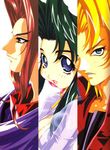  1girl 2boys 90s aqua_hair battle_arena_toshinden blonde_hair blue_eyes breasts brown_hair cleavage ellis_(battle_arena_toshinden) ellis_(toushinden) game green_eyes kayin_amoh kotobuki_tsukasa multiple_boys official_art oldschool red_eyes sho_shinjo takara toushinden 