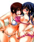  arched_back arima_jin ass back_cover bikini bikini_pull blue_hair blush breasts brown_hair butt_crack cleavage collarbone cover frilled_bikini frills groin hand_on_hip highres hips large_breasts long_hair looking_at_viewer multiple_girls navel original pink_bikini plump pulled_by_self purple_eyes red_eyes scan short_hair side-tie_bikini smile string_bikini sweatdrop swimsuit thighs twintails white_bikini 