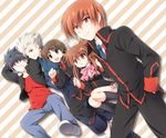  4boys black_hair blue_eyes bow brown_eyes brown_hair headband inohara_masato little_busters! long_hair miyazawa_kengo multiple_boys mutsuki_masato naoe_riki natsume_kyousuke natsume_rin necktie pink_bow ponytail red_eyes school_uniform short_hair silver_hair spiked_hair 