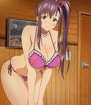  1girl amaya_haruko bent_over bikini blush breasts cleavage green_eyes large_breasts lingerie maken-ki! nipples purple_hair see-through smile swimsuit takami_akio thighs underwear 