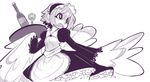  apron bottle cup dress drinking_glass feathered_wings feathers flat_chest frilled_dress frills harpy maid maid_headdress monochrome monster_girl original puffy_sleeves sho-n-d solo tray wine_bottle wine_glass wings 