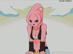  1girl animated animated_gif black_sclera breasts candy cleavage dragon_ball dragon_ball_online dragonball_z earrings epe-tohri jewelry lamp_(epe-tohri) lowres majin_(race) monster_girl pink_skin red_eyes thighhighs 