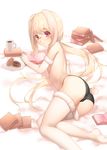  animal_ears ass black_panties blonde_hair book book_stack bunny_ears bunny_tail coffee_mug cup doughnut elbow_gloves food glasses gloves izumi_sai long_hair looking_at_viewer looking_back lying mug no_bra no_pants on_side original panties plate ponytail reading red_eyes solo tail thighhighs topless underwear very_long_hair white_gloves white_legwear 