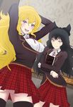  2girls banboro_(technobot) black_hair blake_belladonna blonde_hair book breasts commentary_request large_breasts long_hair multiple_girls rwby school_uniform smile yang_xiao_long 