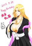  1girl 2013 bleach blonde_hair blue_eyes breasts cleavage collarbone dated happy_birthday huge_breasts japanese_clothes jewelry kagura_mian kimono lipstick long_hair makeup matsumoto_rangiku midriff mole necklace no_bra solo 