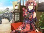  1girl ayataka_shizune blue_eyes braid breasts brown_hair cloud clouds elbow_gloves flag food game_cg gloves highres looking_at_viewer medium_breasts ninja plant samurai_hormone sitting sky smile solo suzuki_mei 