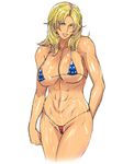  1girl abs american_flag_bikini bikini blonde_hair blue_eyes breasts dead_or_alive flag_print gureko_rouman large_breasts long_hair looking_at_viewer midriff muscle navel pixiv_manga_sample smile solo sweat swimsuit tecmo tina_armstrong wet 