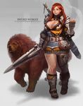  armor belt boots breasts chainmail cleavage cleavage_cutout dog faulds fingerless_gloves gloves green_eyes large_breasts lips long_hair mole mole_under_eye nose one_side_up original over_shoulder pauldrons plump realistic red_hair single_thighhigh sword sword_over_shoulder taemin_park tattoo thighhighs weapon weapon_over_shoulder 