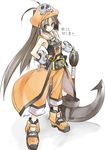  1girl anchor brown_hair fingerless_gloves gloves guilty_gear guilty_gear_xrd hand_on_hip hat long_hair looking_at_viewer may_(guilty_gear) orange_eyes orange_hat orange_shirt pirate_hat shirt smile solo translated white_background 