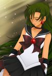  back_bow bishoujo_senshi_sailor_moon black_choker black_hair black_skirt bow brown_bow choker closed_eyes darax dark_skin earrings green_hair jewelry long_hair meiou_setsuna sailor_pluto sailor_senshi_uniform skirt solo 