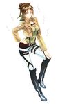  belt boots brown_hair buckle emblem eren_yeager genderswap genderswap_(mtf) glaring green_eyes hair_bun half_updo hand_on_hip jacket pants paradis_military_uniform pout shingeki_no_kyojin solo suspenders thigh_strap wolfina 