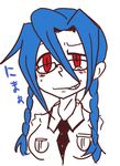  alternate_hairstyle bangs bespectacled blue_hair blush_stickers braid breasts eye_twitch face glasses medium_breasts necktie nyoro_mutou red_eyes school_uniform skullgirls solo teenage translation_request twin_braids valentine_(skullgirls) younger 