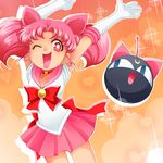  ;d arms_up back_bow bishoujo_senshi_sailor_moon bow chibi_usa choker darax elbow_gloves gloves heart luna-p one_eye_closed open_mouth pink_choker pink_hair pink_sailor_collar pink_skirt sailor_chibi_moon sailor_collar sailor_senshi_uniform skirt smile sparkle twintails white_gloves 