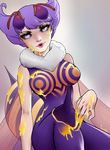  antennae bee_girl bodysuit breasts compound_eyes extra_eyes eyelashes fur_collar honey insect_girl insect_wings knee_pads lips messy monster_girl pantyhose puckered_lips purple_eyes purple_hair q-bee sexually_suggestive short_hair sitting solo suguro vampire_(game) wings 