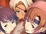  3girls alma_elysium ayataka_shizune blonde_hair blue_eyes brown_hair censored disembodied_penis eyepatch fellatio game_cg group_sex harem highres kagurazaka_kojuurota looking_at_viewer multiple_girls oral penis purple_eyes purple_hair samurai_hormone smile suzuki_mei teamwork tongue 