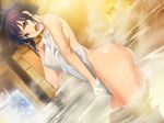  1girl ass breasts covered_nipples covering erect_nipples game_cg highres kagurazaka_kojuurota large_breasts legs looking_at_viewer nude nude_cover onsen open_mouth purple_eyes purple_hair samurai_hormone solo standing steam suzuki_mei thighs towel water wet 