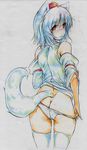  absurdres animal_ears ass blush butt_crack colored_pencil_(medium) detached_sleeves hat highres inubashiri_momiji kitazinger looking_at_viewer looking_back no_pants panties red_eyes solo tail thighhighs tokin_hat touhou traditional_media underwear white_legwear white_panties wolf_ears wolf_tail 