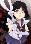  bishoujo_senshi_sailor_moon black_hair bow brown_bow choker darax elbow_gloves gloves holding holding_spear holding_weapon parted_lips polearm purple_eyes purple_sailor_collar purple_skirt sailor_collar sailor_saturn sailor_senshi_uniform short_hair silence_glaive skirt solo spear star star_choker tomoe_hotaru weapon white_gloves 