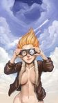  bad_id bad_tumblr_id bomber_jacket bottomless breasts cloud cloudy_sky goggles highres jacket large_breasts light_smile lips my_little_pony my_little_pony_friendship_is_magic naked_coat navel nose open_clothes open_jacket orange_eyes orange_hair personification pointy_hair reflection sky solo spitfire_(my_little_pony) star_(sky) starry_sky whistle_frog wide_hips 
