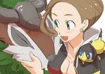  blue_eyes blush cuddling ear_piercing eyes_closed female gogoat green_eyes helioptile human mammal nintendo piercing pok&#233;mon pok&eacute;mon video_games 